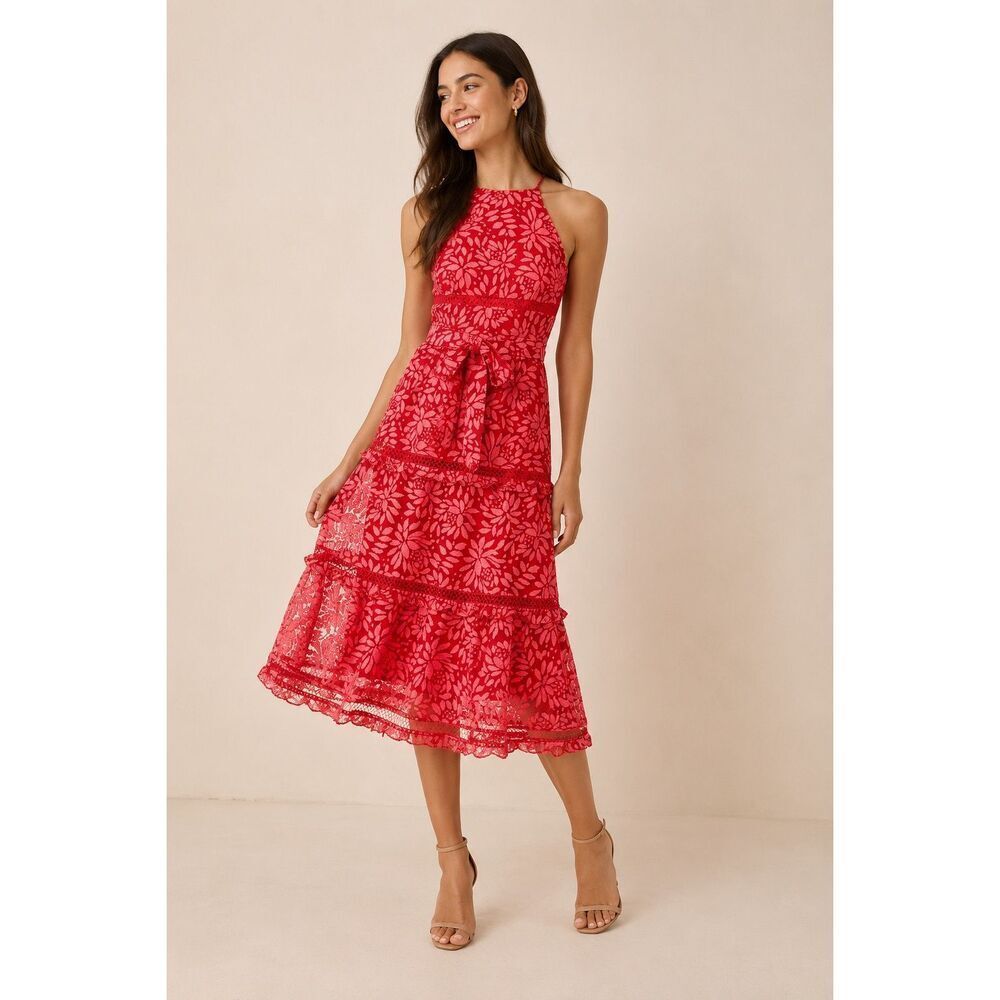 Keepsake The Label Imagine Lace Tiered Halter Dress in Red Size 8
